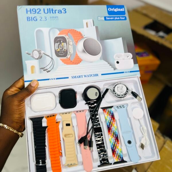 H29 ULTRA SMARTWATCH WITH 7 STRAP, 1 MINI SPEAKER, AIRPOD, MULTI CHARGERS,